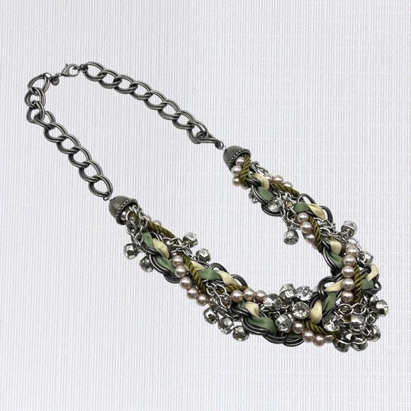 LOFT Chunky Rhinestone Statement Necklace Silver Tone Chain Ribbon Cord Braided - Picture 3 of 9